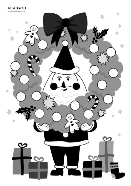 「サンタクロースとクリスマスリース」丸シール貼り台紙【無料！丸シール貼り台紙ダウンロード】